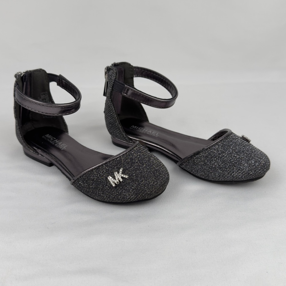 Michael Kors Girls Sz 8 Gunmetal Glitter Mary Jane Flats Ankle Strap